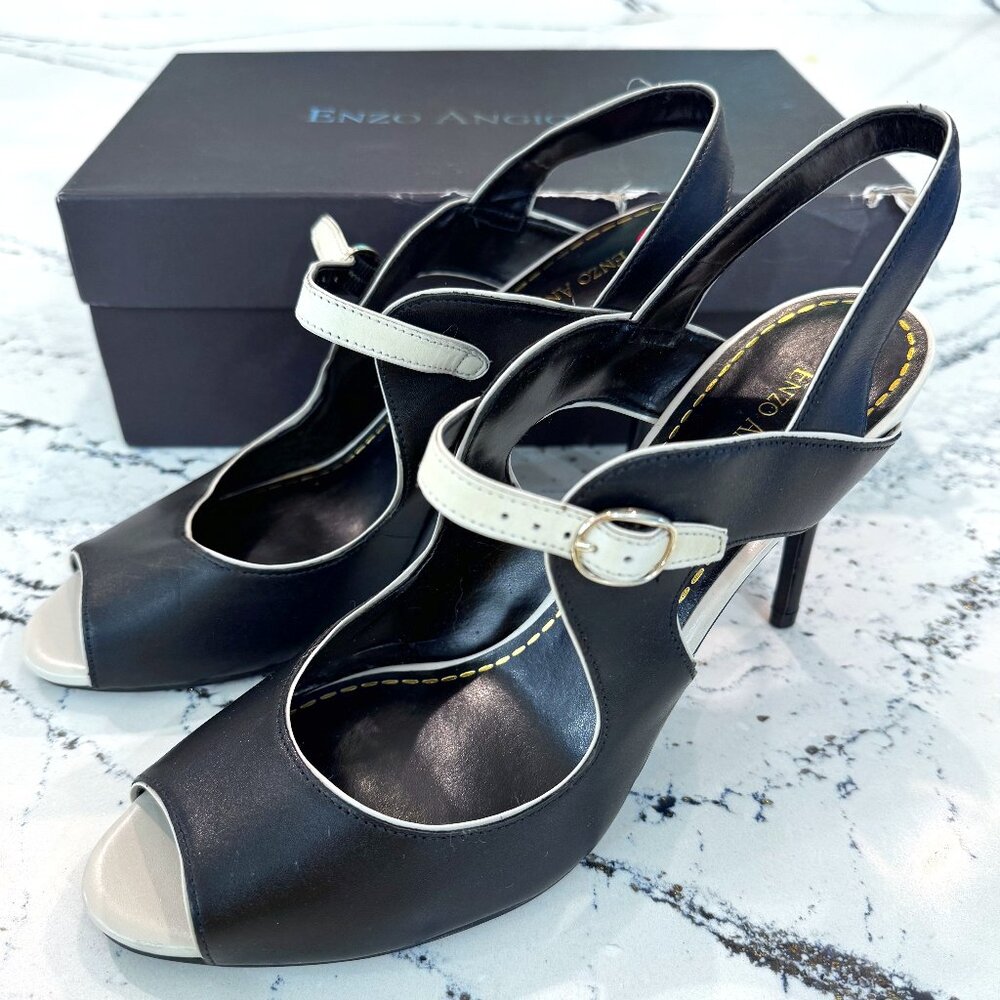 Enzo Angiolini Eamenz Black & White Leather Open Toe 4" Heels Size 11